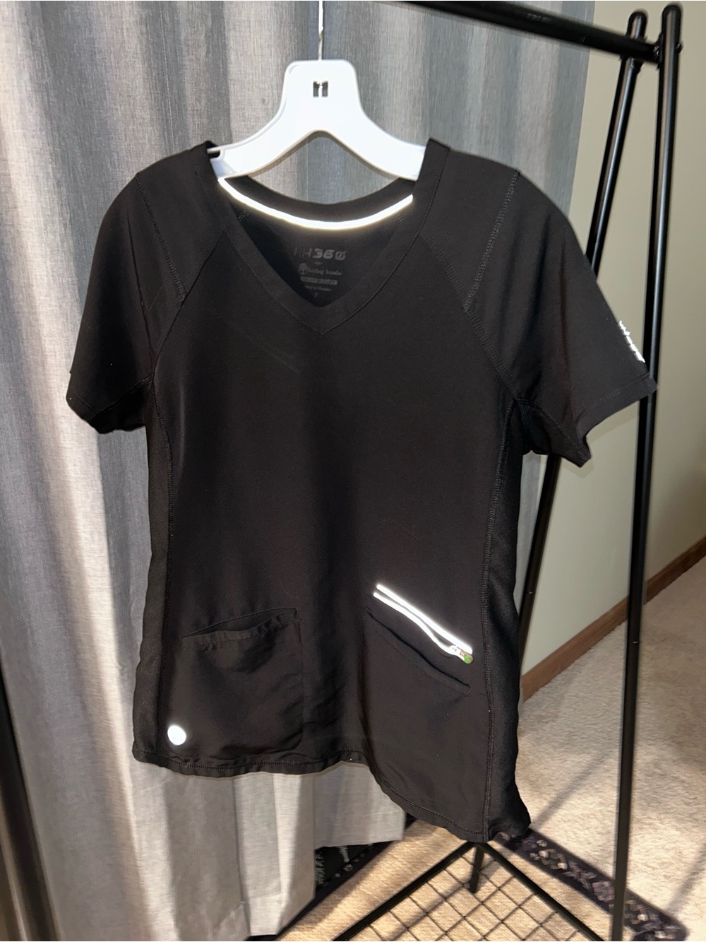 healing hands Black V‑Neck Scrub Top with Zip Pocket